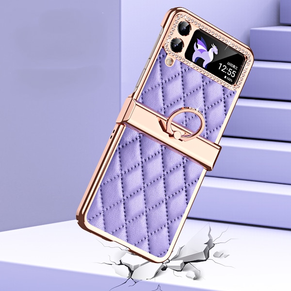 För Samsung Galaxy Z Flip 4 Läderfodral Hängselskydd med Ringhållare Läder Hybrid elektropläterad PC-fodral Stöttålig Lyx