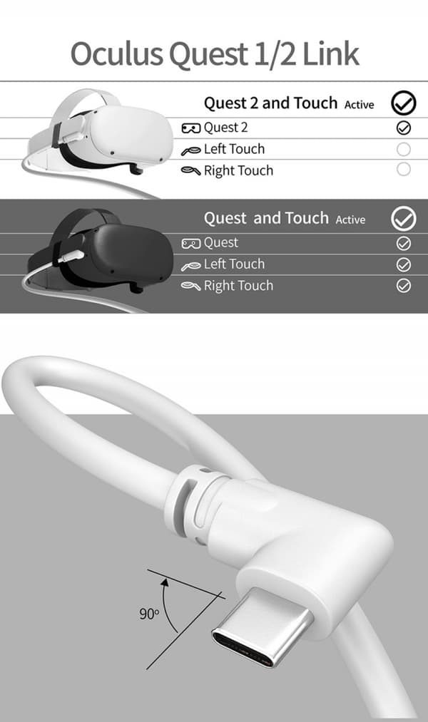 2-i-1 Quest (Oculus) Link Virtual Reality Headset-kabel för Quest 2 och Quest - 16FT (5M) - PC VR