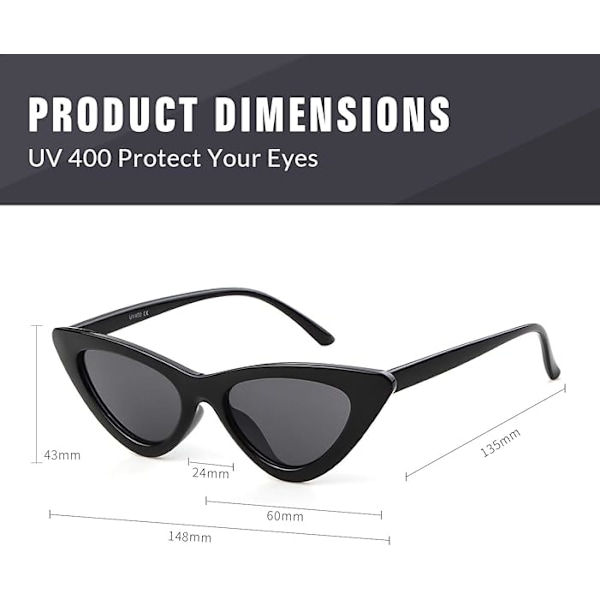 Retro Vintage Cat Eye aurinkolasit naisille, trendikkäät kapeat Cateye-kehyksiset aurinkolasit Glossy Black Frame Grey Lens