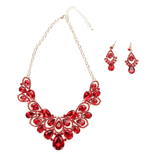 Women Luxury Pendant Alloy Artificial Gemstone Necklace Earrings Bridal Jewelry Set(Red)