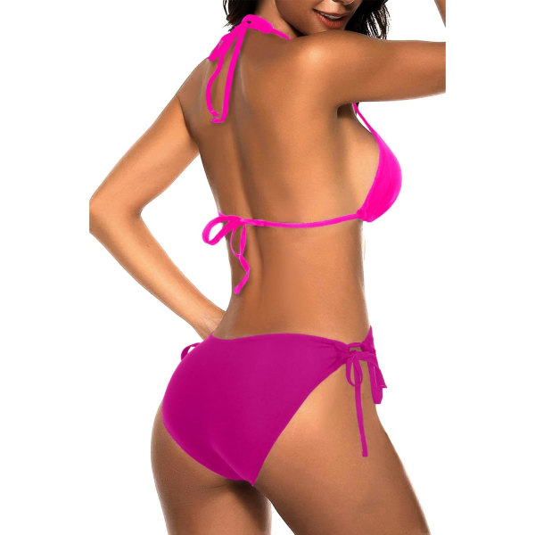 WJSM Kvinners Triangle Bikinisett Halter Todelt Sexy Badedrakt String Tie Side Badetøy Hot Pink Dark Pink S