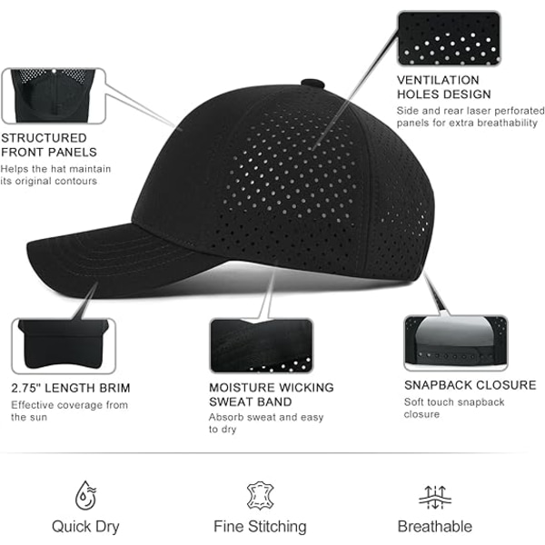 Mænd Hurtigtørrende Baseball Cap Laser Cut Mesh Bold Cap Buet Skygge Snapback Hat Black