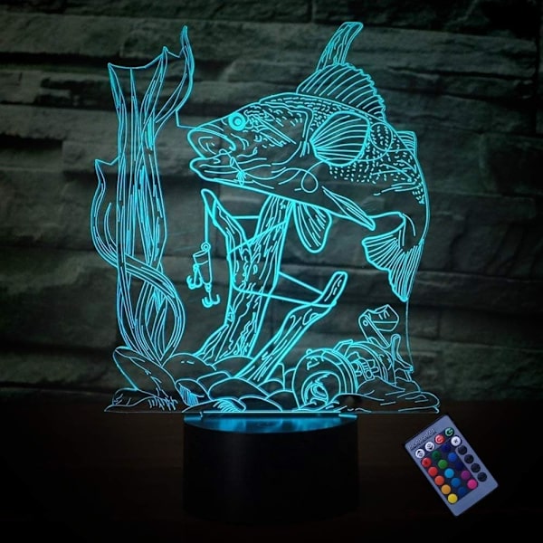 Kreativ 3D Fiskenattlampa 16 Färger Byter USB-ström Fjärrkontroll Beröringsbrytare Dekorlampa Optisk Illusionlampa LED Bordsslampa