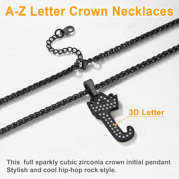 Krone Initial A-Z Halskjede, Iced Out Bokstavanheng med 22-24 Tommers Kjede, Menn Kvinner Bling Hip Hop Alfabet Navn Smykker Gave Store Initialer Halskjeder J Black