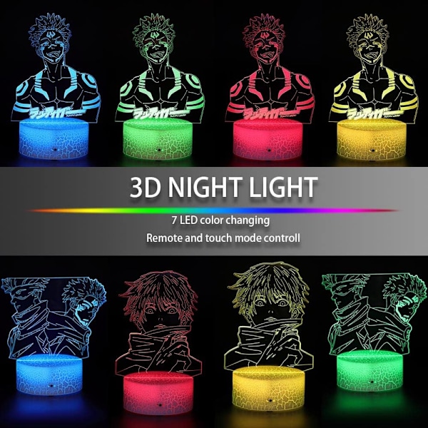 Jujutsu Kaisen 3D Illusion Satoru Gojo Itadori Yuji LED Anime Lampa Bord RGB 16 Färger Byt Fjärrkontroll Skrivbordsnattlampa