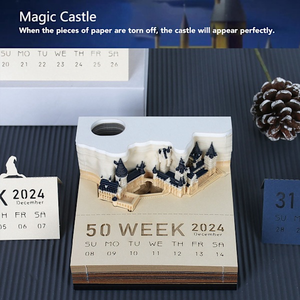 Castle 3D Memo Pad Multifunktion 2024 Kalender Notitsblok Bekvemmelighed Stickers med Lys Julegave