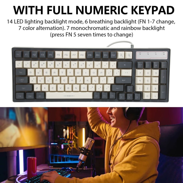 Gaming Keyboard RGB LED Bakgrunnsbelysning Mekanisk Vanntett Kompakt 96 Taster USB Membran Keyboard for stasjonær PC PC