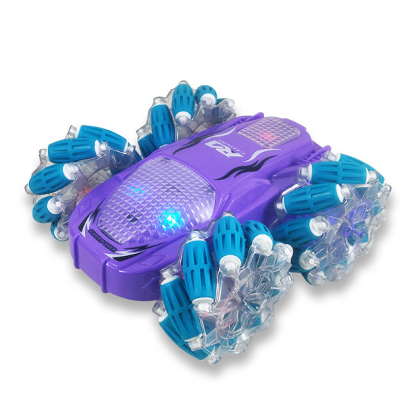 Stuntbillegetøj, fjernbetjeningsbil med 2-sidet 360 rotation til drengebørn pige, rødt lys, blåt lys, lilla