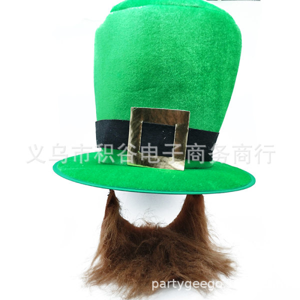 St. Patrick's Day Grønn Leprechaun Topplue Med Skjegg Irsk Shamrock Fløyelshue
