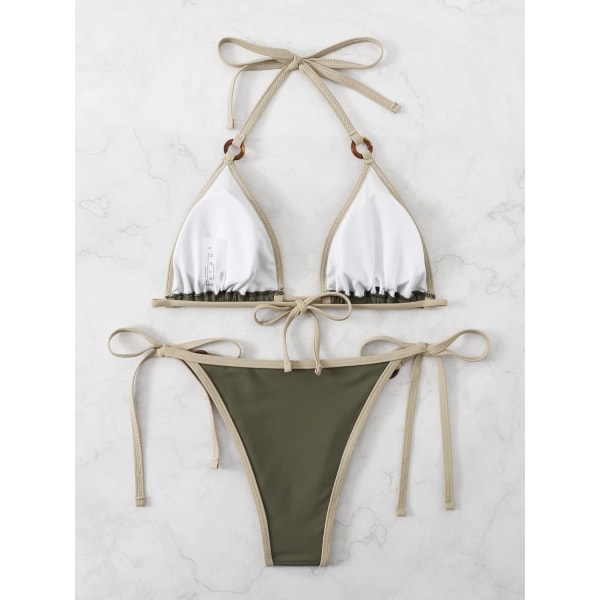 WJSM Kvinners Halterneck Tie Side Triangle Bikini Set Høy Cut 2 Delers Bikini Badedrakt Ring Army Green S