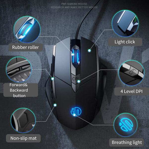 Trådløs Mus, Ergonomisk Design, 4 Nivåer DPI Justerbar og 6 Knapper, Optimert USB Trådløs Optisk Mus for PC Bærbar Datamaskin for Arbeid og Spill