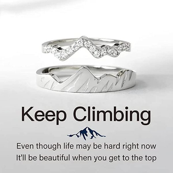 2 hopeasävyistä vuoristorengasta, pinottavat Keep Climbing -renkaat, persoonallisuutta korostavat vuorirenkaat naisille ja miehille (hopea)
