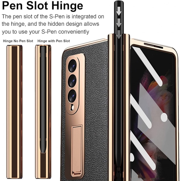 För Samsung Galaxy Z Fold 3 Stöttåligt gångjärnsskydd HD härdat glas skärmskydd PU läder hårt PC-ram full täckning C