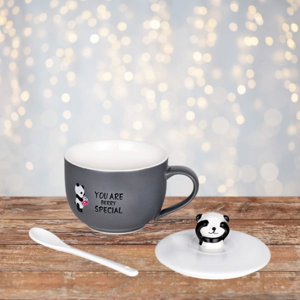 Grå Panda-krus med 3D-figurlokk og skje, keramisk kaffe- eller tekopp, 22OZ