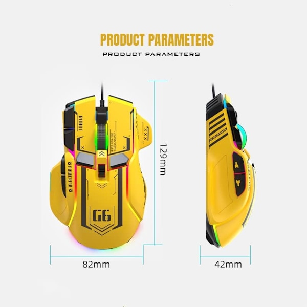 Ergonomisk Spelmus - Anpassningsbar, Bekväm och Precisionsdriven, Trådad RGB-Spelmus med 10 Programmerbara Knappar Yellow
