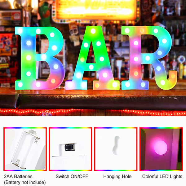 Qinwei Fargerike LED Marquee Bokstavlys med Fjernkontroll Lys Opp Marquee Skilt Fest Bar Bokstaver med Lys Dekorasjoner for Hjemmet --- Flerfarget U