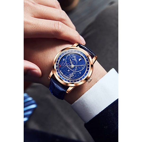 Stjernehimmel Månefase Herreure Automatiske Mekaniske Ure Blåt Læder Luksus Kjole Vandtætte Lysende Armbåndsure