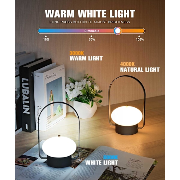 Bærbar Oppladbar Bordlampe, Dimbar Nattelys med 3 Fargemoduser, Batteridrevet Ledningsfri Lampe for Soverom, Stue