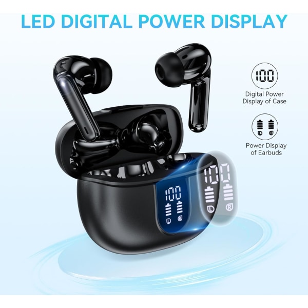 Trådlösa öronsnäckor, Bluetooth 5.3-hörlurar 40 timmars speltid Deep Bass Stereo in-Ear Earbud, LED-strömdisplay, samtalsbrusreducerande hörlurar med Mi Black