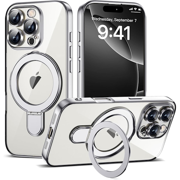 Kompatibel med iPhone 16 Pro Cover med Magnetisk Ring Stand [Kompatibel med Mag-Safe] [Fuld Kameralinse Beskyttelse] Belægning Klar Pho Silver