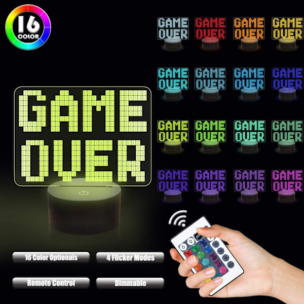 Game Over LED 8-bit Lampe Nattlys 3D Illusionslampe for Barn, 16 Farger Skiftende med Fjernkontroll, Barnerom Spillrom Gamer Gavedekorasjon som Gaver