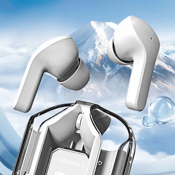 Trådlösa öronsnäckor, snygg transparent, multifunktionell brusreducering, HiFi-stereo, touchkontroll, Bluetooth-hörlurar, vita