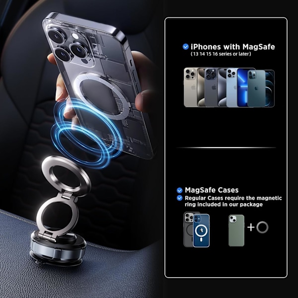 Biltelefonholder for Magsafe [78LBS Sterkeste Sugekraft & 2800gf Vakuum Sterkeste Magnetisk] 360° Justerbart Biltelefonfeste, Mobiltelefon