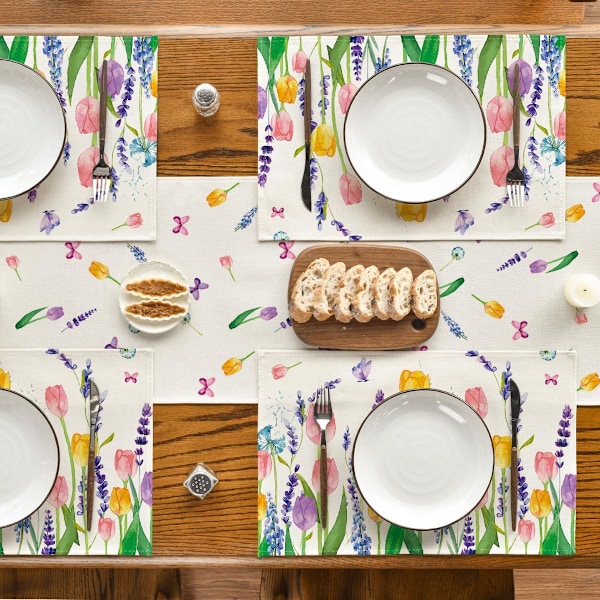 Laventeli Tulppaani Kevät Tabletti Ruokapöydälle, 12 x 18 Tuumaa Kesäinen Sesonkilomakoriste Maalaismainen Pestävä Pöytämattojen Setti 4 kpl