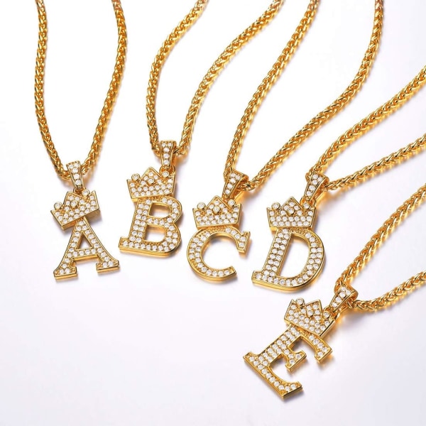 Krona Initial A-Z Halsband, Iced Out Letter Hänge med 22-24 Tums Kedja, Män Kvinnor Bling Hip Hop Alfabet Namn Smycken Present Stora Initialer Halsband S 18K Gold