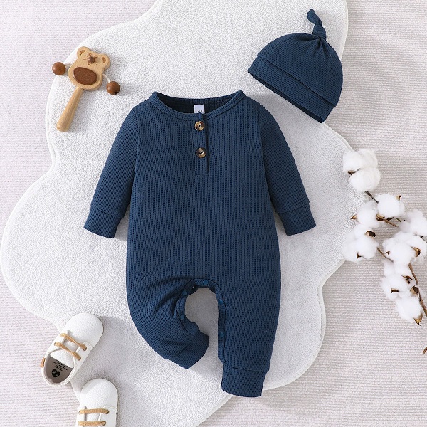 Bebis Kläder Set Spädbarn Pojkar Flickor Nyfödd Baby Sparkdräkt Mössa Ribbstickad Långärmad Knapp Enfärgad Bodysuit Jumpsuit green 80CM