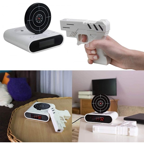 Target väckarklocka, kreativ pistolskjutande väckarklocka med personlig 12-timmars digital display, lämplig för sömnare, för pojkar och flickor (Vit)