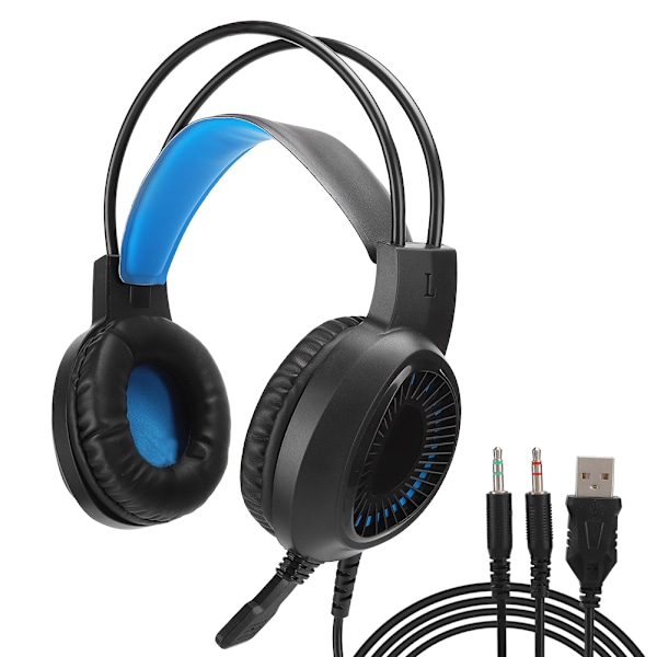 3,5 mm farverigt lysende gaming headset USB-hovedtelefon med ledning mikrofon til bærbar PC støjreducerende headset V1000 lysende blå