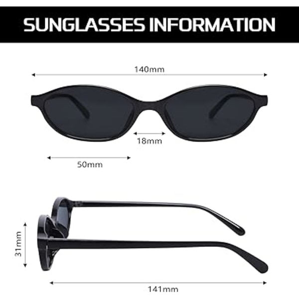 Retro Ovale Solbriller til Kvinder Chic Cat Eye 90'er Solbriller Letvægts Smalle Shades Trendy UV-beskyttelse Solbriller Black Frame - Black Lens