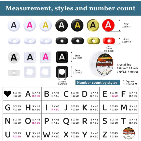 Perler, bogstavperler, alfabetperler i 28 gitterboks (6 x 6 mm (firkantet, stort hul), hvide bogstaver og sort bund) White Letters & Black Base