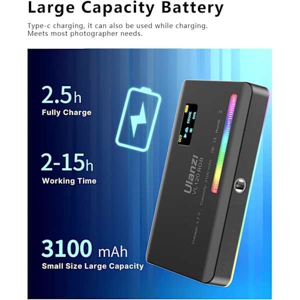 Videolys, Pocket LED On-Camera Videolys, Indbygget 3100mAh Genopladeligt Batteri, 360 Fuld Farve 20 Lyseffekter, CRI≥95 2500-