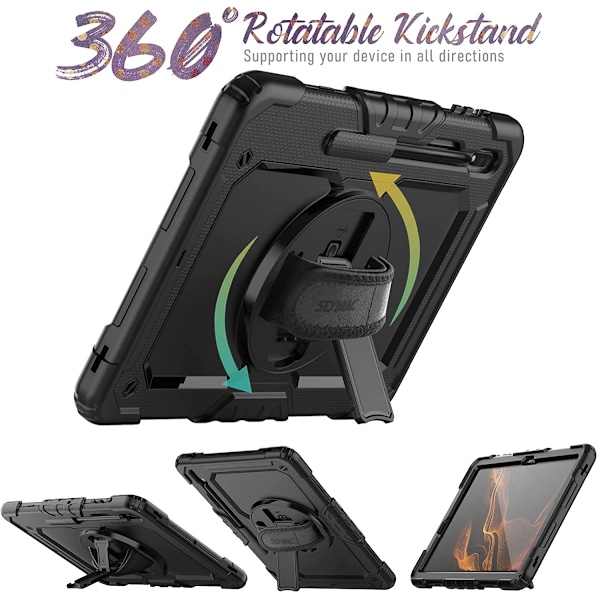 Tab S7 Plus S7+ 12,4\" 2020 (SM-T970/T975/T976) Deksel, 360 Graders Roterende Stativ/Håndstropp, [Skjermbeskytter] Galaxy Tab S7+ Svart Håndstropp