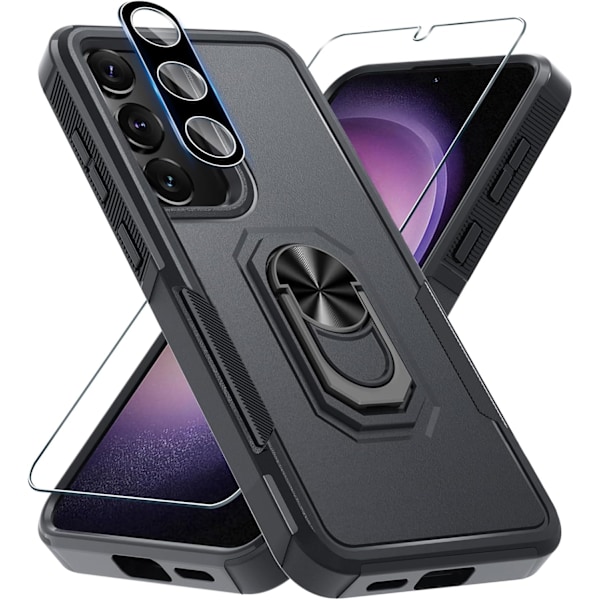 Samsung Galaxy S25+ Plus -kotelo näytönsuojalla karkaistusta lasista, kestävä iskunkestävä koko puhelimen suojakuori sisäänrakennetulla metallirenkaalla Black Matte