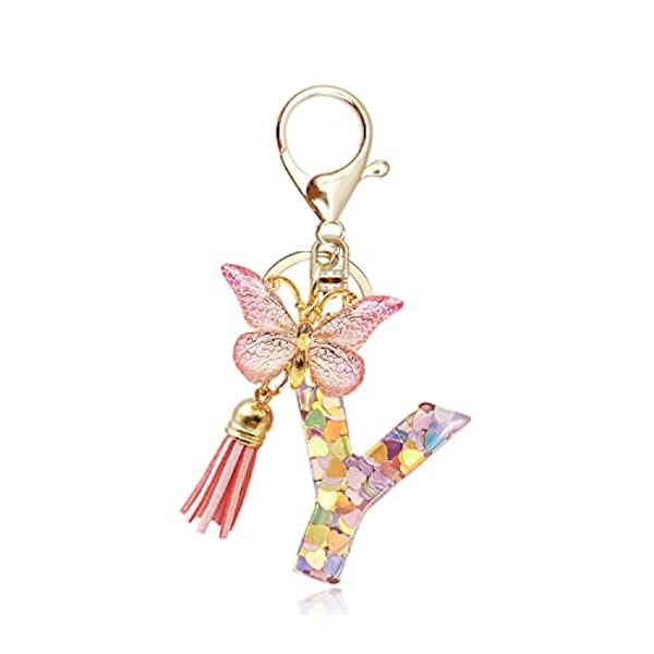Fashion Alphabet Initial Letter Keychain Tassel Butterfly Pendant Key Ring för Handväska Handväskor Kvinnor Flicka--Y
