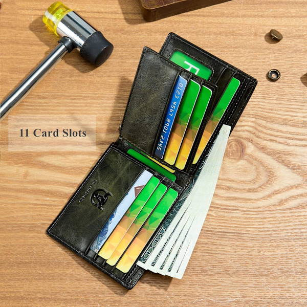 RFID-plånböcker för män, smal bifold äkta läderplånbok med 2 ID-fönster framficka QB-05 (Forest Green) Forest Green