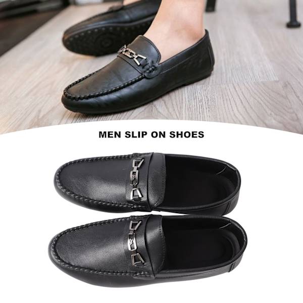 Herr Slip On Skor PU Läder Casual Fshion Skor Lätt Antislip Spänne Låg Top Klänning Skor Svart 44