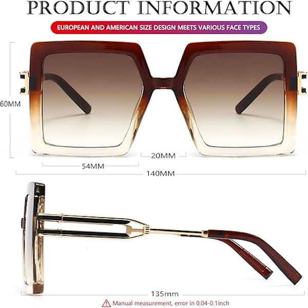 Oversized solbriller for kvinner, firkantet mote, store rammer, solbriller med UV400-beskyttelse Brown/Brown Gradient