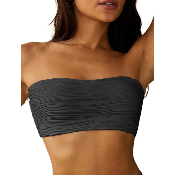 WJSM 2-delat bandeau-baddräkter Ribbade snörda axelbandslösa bandeau-bikinisetet Högt skurna badkläder 5-top Only-2dark Gray S