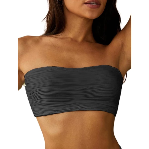 WJSMWomen 2-osainen Bandeau-uimapuku Ribbed Lace up Olkaimeton Bandeau Bikinisetti High Cut Uimapuvut 5-top Only-2dark Gray M