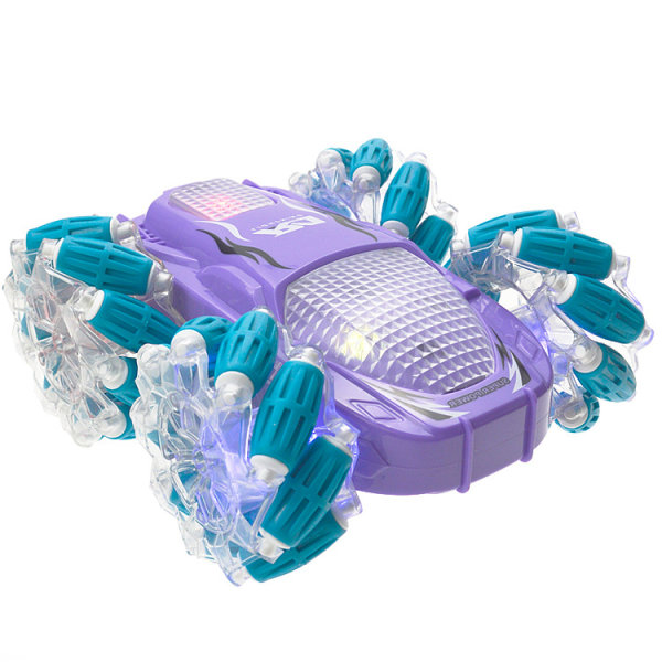 Stuntbilleketøy, fjernkontrollbil med 2-sidig 360-rotasjon for guttebarn, jente, rødt lys, blått lys， lilla