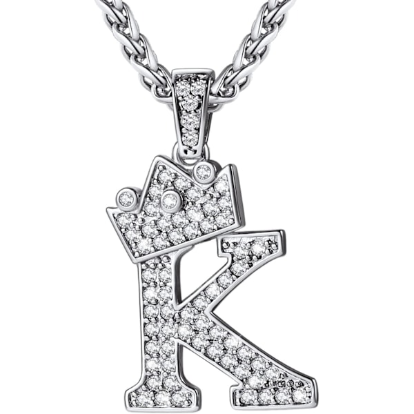 Krone Initial A-Z Halskæde, Iced Out Bogstav Vedhæng med 22-24 Tommer Kæde, Mænd Kvinder Bling Hip Hop Alfabet Navn Smykker Gave Store Initialer Halskæder K Silver