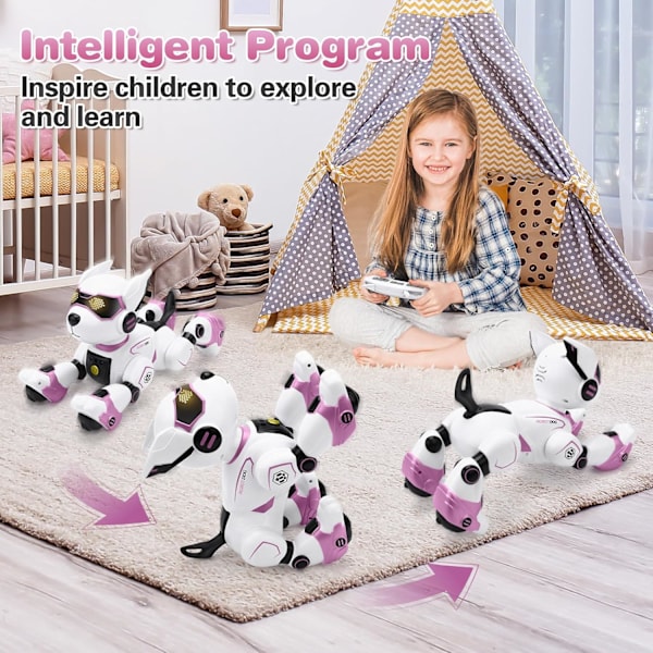 Fjernbetjent robot hundelegetøj, STEM programmerbar stemmeinteraktiv robot lyserød hvalp, berøringsfølsom sang og dansende hund, ideel julefødselsdagsgave