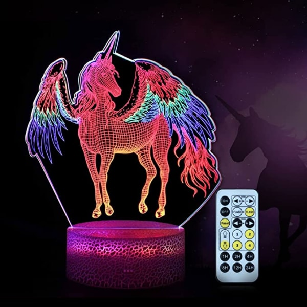 Qinwei Unicorn Night Light 3D Night Light med fjernbetjening Smart Touch LED Tre-farvet skiftende 3D Illusion Lampe --- Unicorn