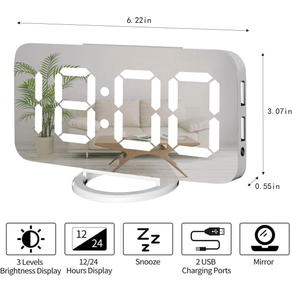 Digital vekkerklokke, stor speilet LED-klokke, slumre, dempet nattlys 2 USB-laderporter Skrivebordsvekkerklokker for soveromsinnredning (hvit)