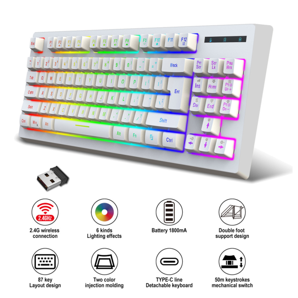 2.4G trådløst tastatur 87 taster RGB baggrundsbelysning 1800mAh batteri kontortastatur til Win 7 til Win 8 White