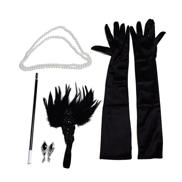 5 kpl:n juhlapukuhiuspanta, sulkakoriste, tekopäähelminauha, strassikorvakorut, hansikkaat, cosplay-setti